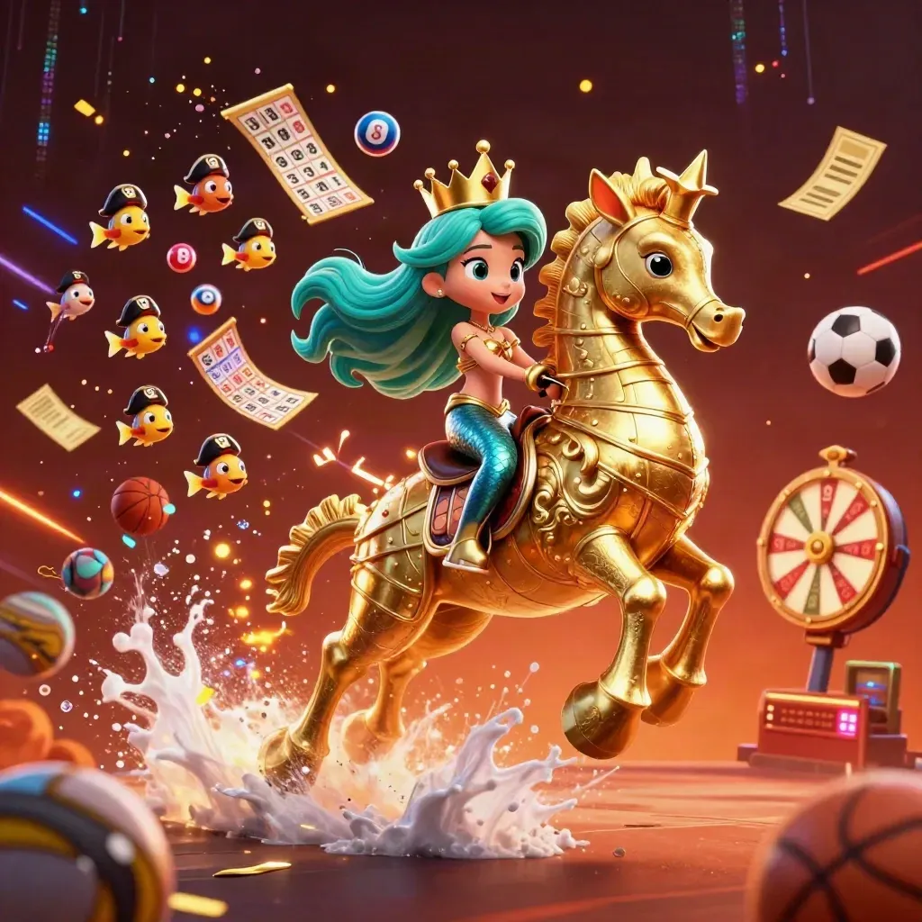 Mermaid princess on armored seahorse amid casino lights, lottery balls, tickets, and embers.