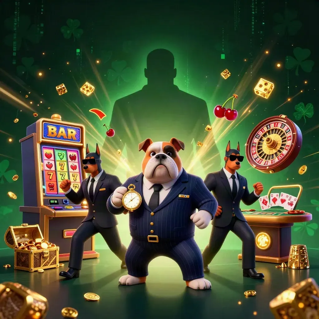 Bulldog mob boss and two Dobermans amid jackpots, gold, neon casino chaos.