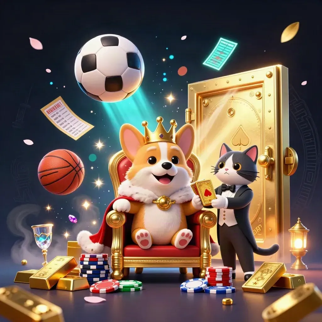Royal corgi and cat butler amid vault gold and flying sports gear on a dark neon casino backdrop.