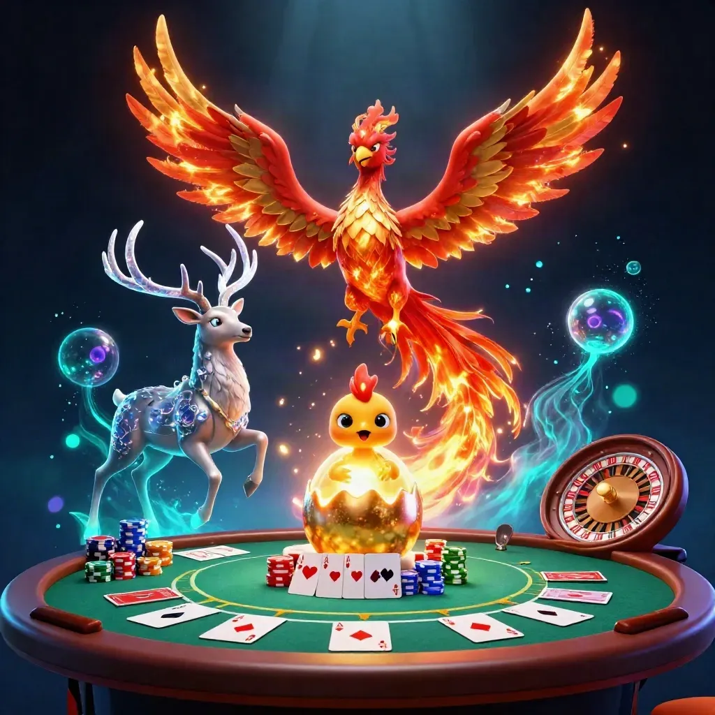 Fire phoenix, baby phoenix, and crystal stag amid casino chips, cards, and neon glow.