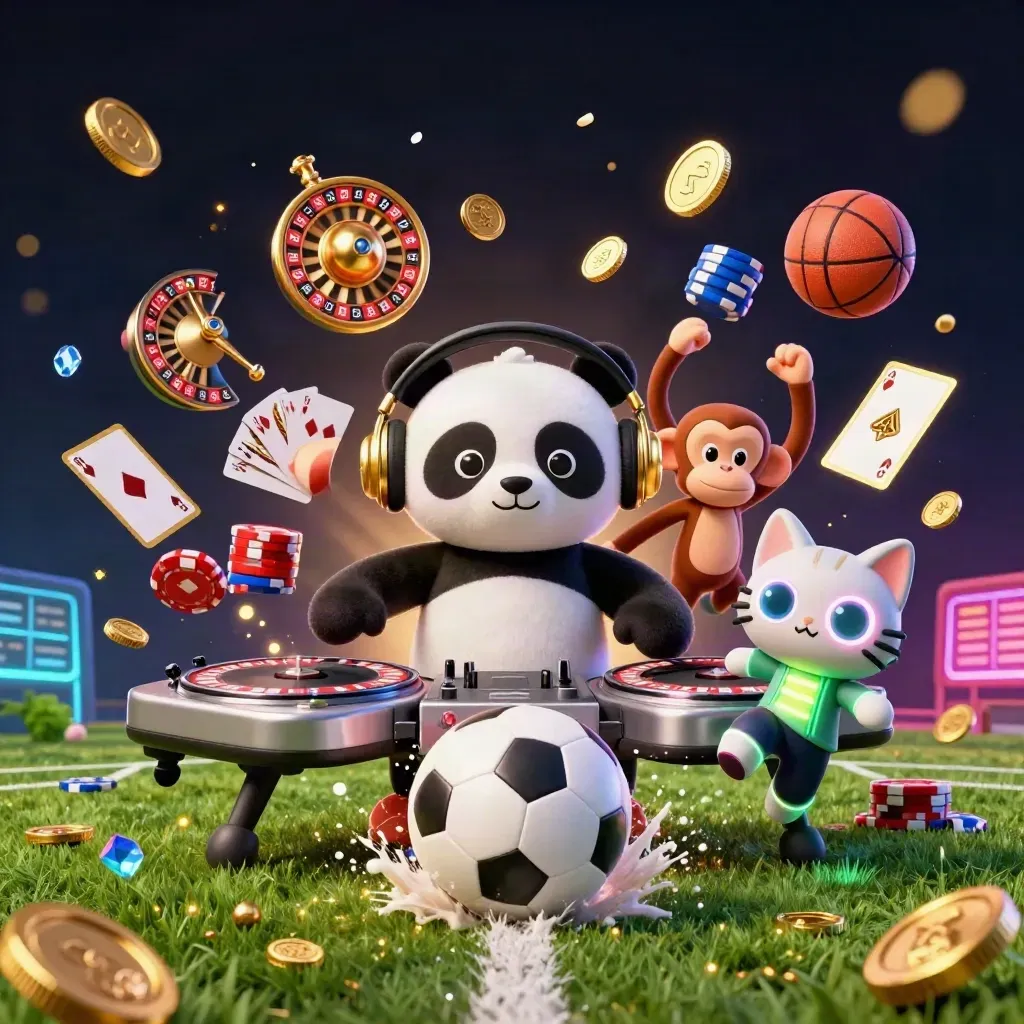 Cartoon panda, monkey and kitten amid a soccer strike, casino coins, chips and neon lights.