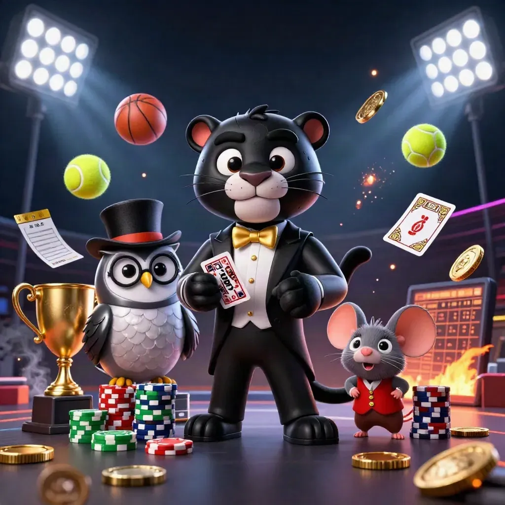 Panther, owl, and mouse amid flying sports balls, coins, and neon casino lights.