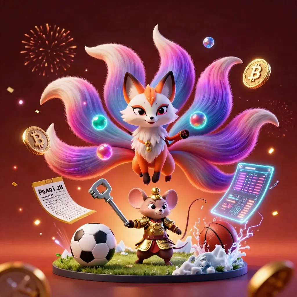 Neon fox spirit and gold-armored mouse amid coins, balls, lightning, and ember glow.