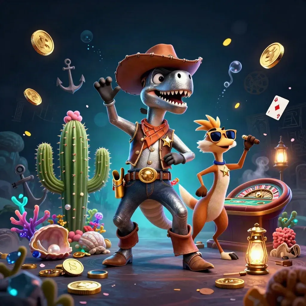 3D cartoon T-Rex cowboy, cactus pal and roadrunner in a luxe casino treasure cove