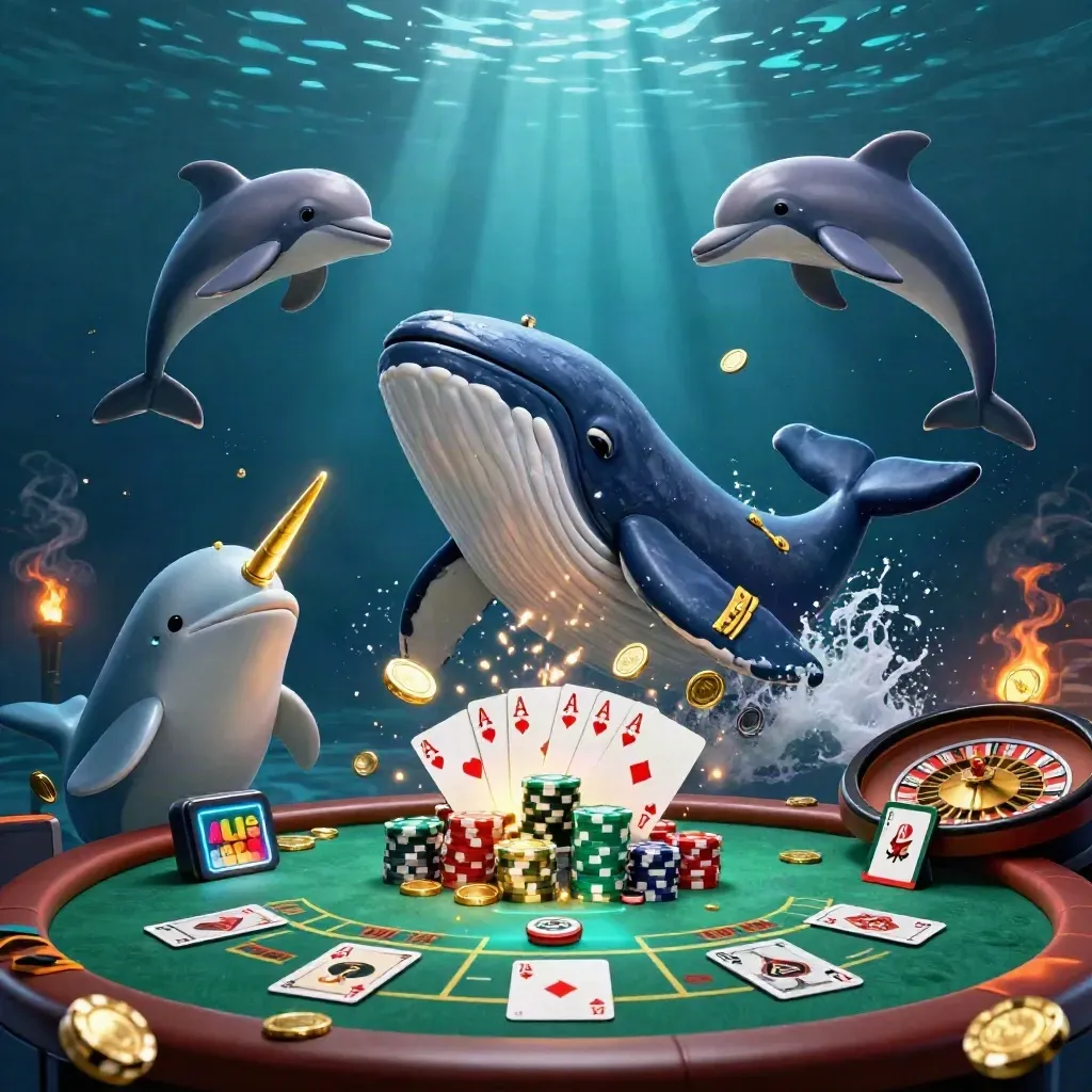 Whale captain and sea-creature gamblers amid coins, cards, chips, and glowing casino lights underwater.