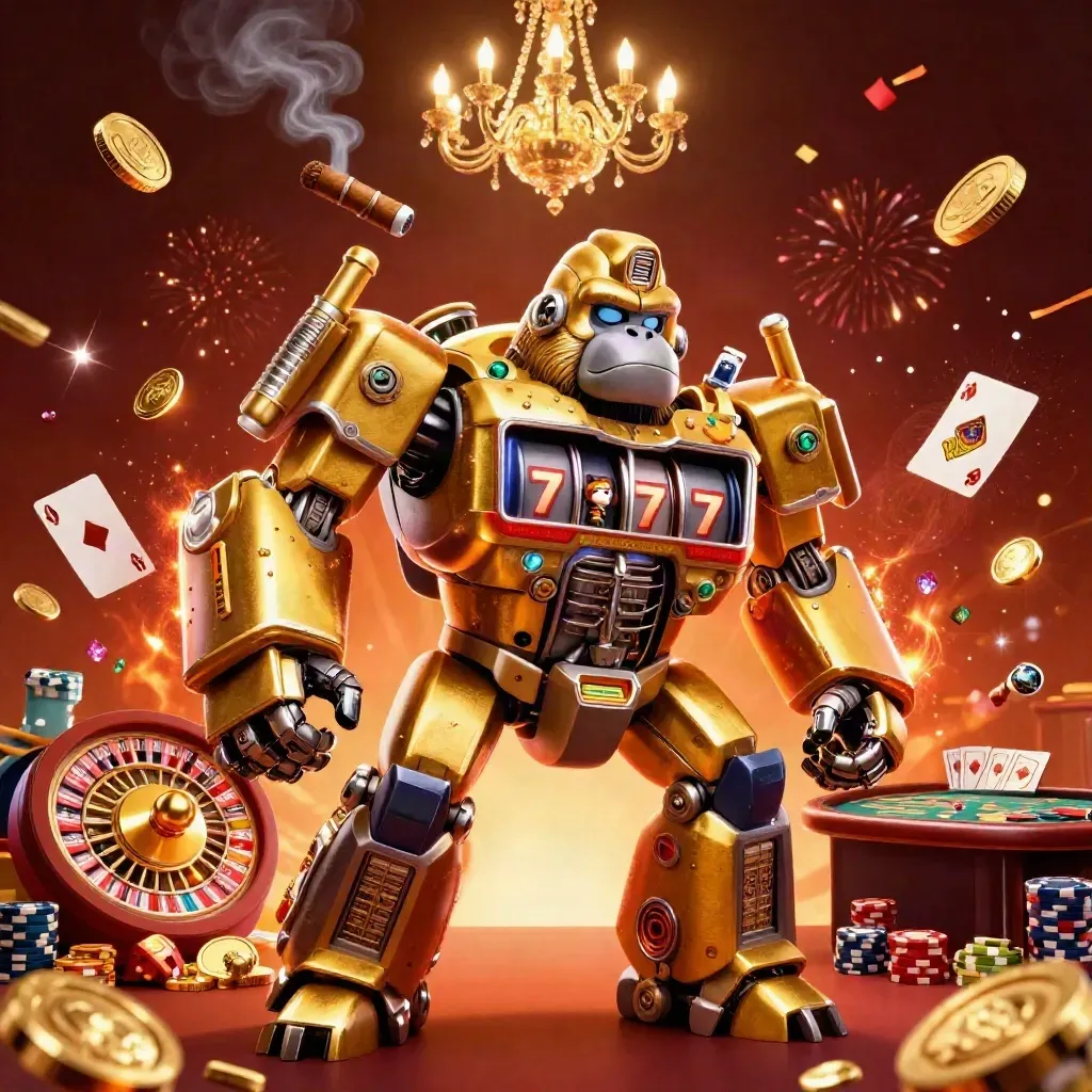 Golden gorilla slot mech and monkey pilot amid casino lights, coins, chips, and a spinning roulette wheel.