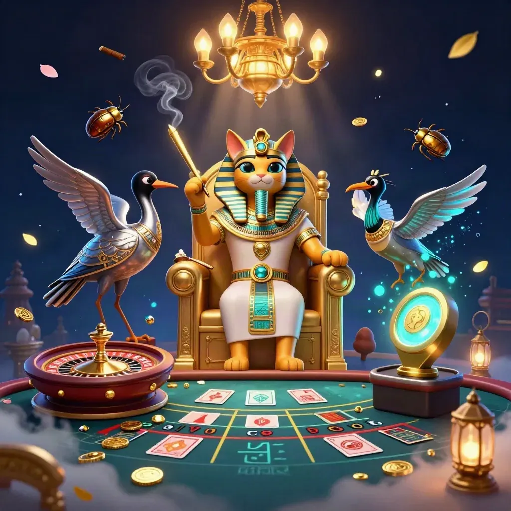 Pharaoh cat, ibis scribe, scarab beetles, roulette wheel, and glowing casino props.