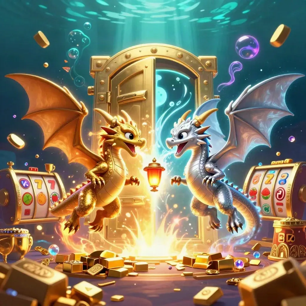 Gold and silver dragons swirl around a vault burst with gems, underwater glow, and treasure