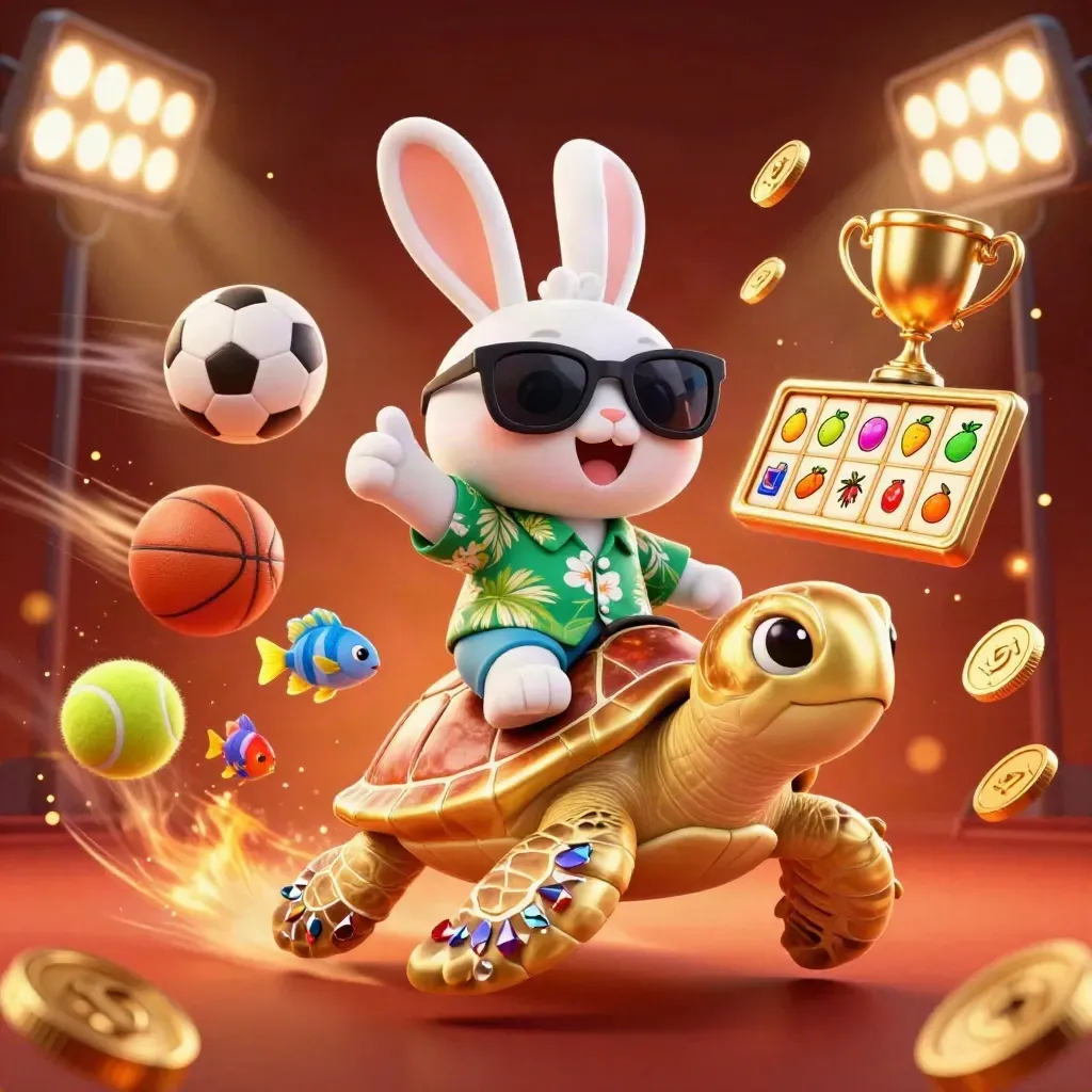 Lucky rabbit rides a gold sea turtle amid sports balls, coins, lights and casino glow.