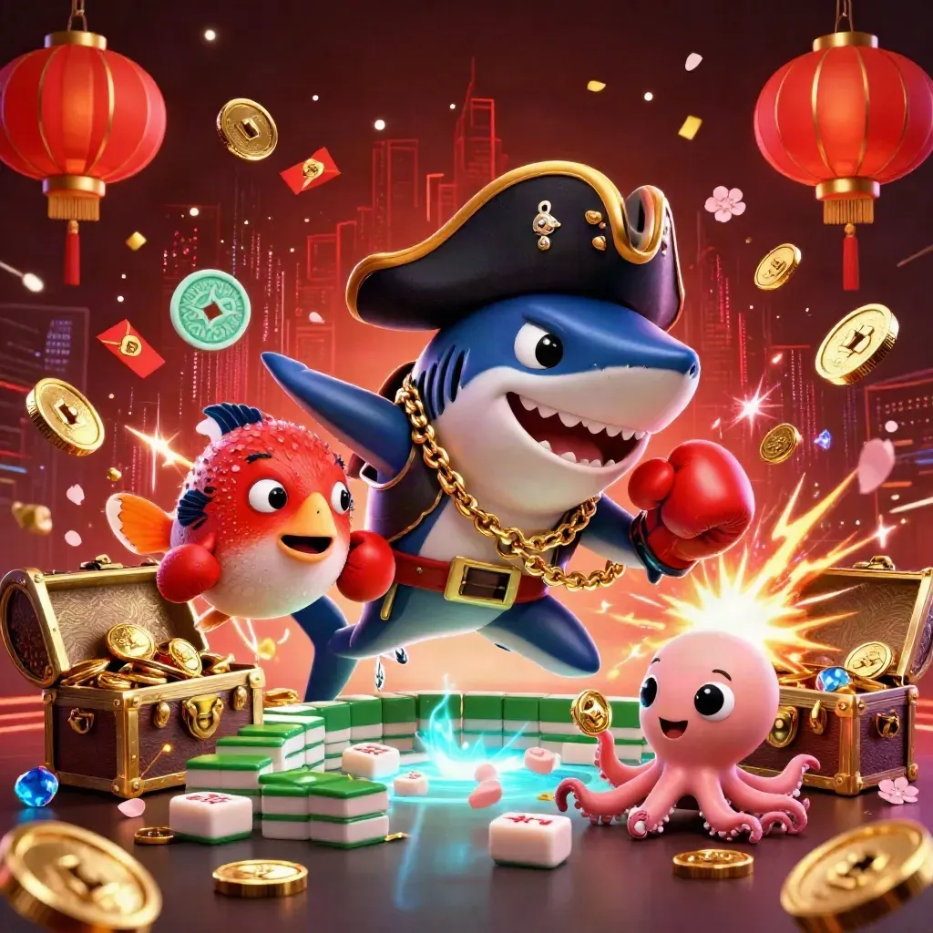 Pirate shark, boxing pufferfish, and coin-juggling octopus in neon casino action