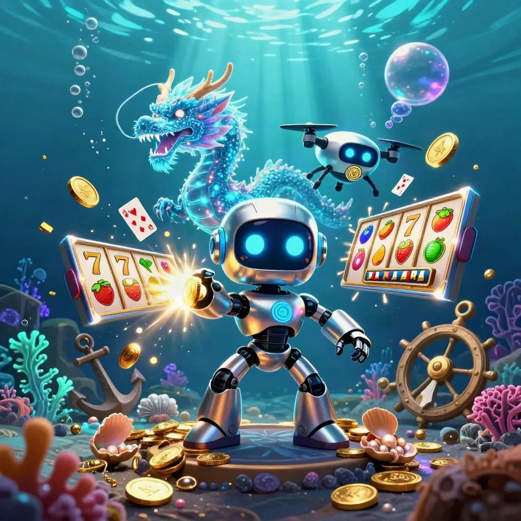 Cyberpunk robot, holographic dragon, and coin drone explode through an underwater treasure cove.