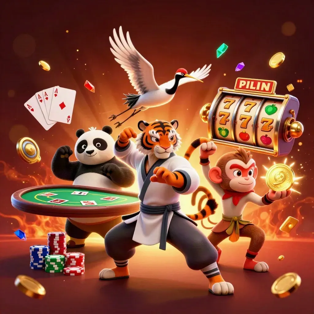 Tiger, panda, and monkey in a fiery casino fantasy with chips, cards, and gold burst