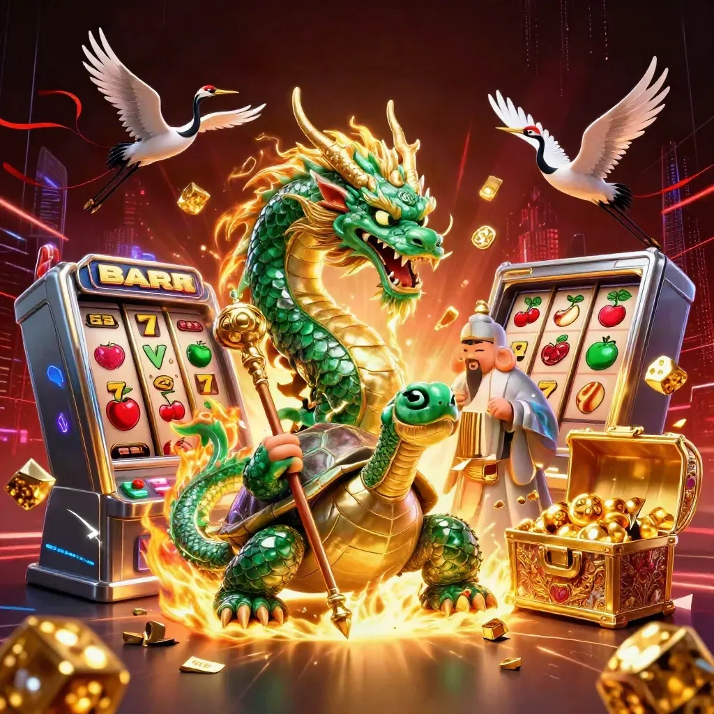 Emerald dragon, turtle sage, and cranes amid a bursting slot machine, gold, dice, and neon energy.