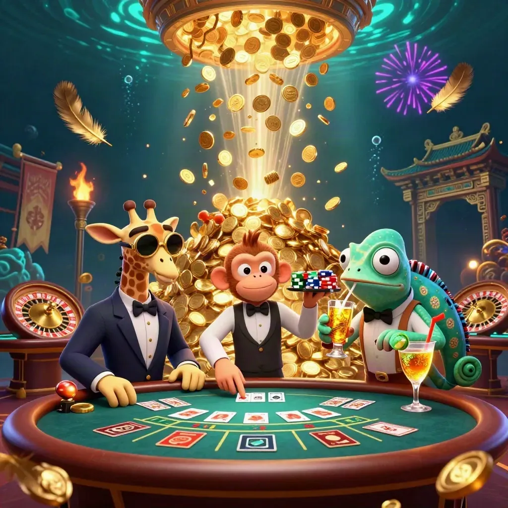 Giraffe, monkey and chameleon at a glowing casino table amid coins, fireworks and underwater rays.
