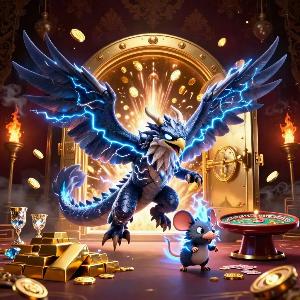 Dragon, hawk, and thunder-mouse burst from a gold vault amid coins, gems, and casino props.