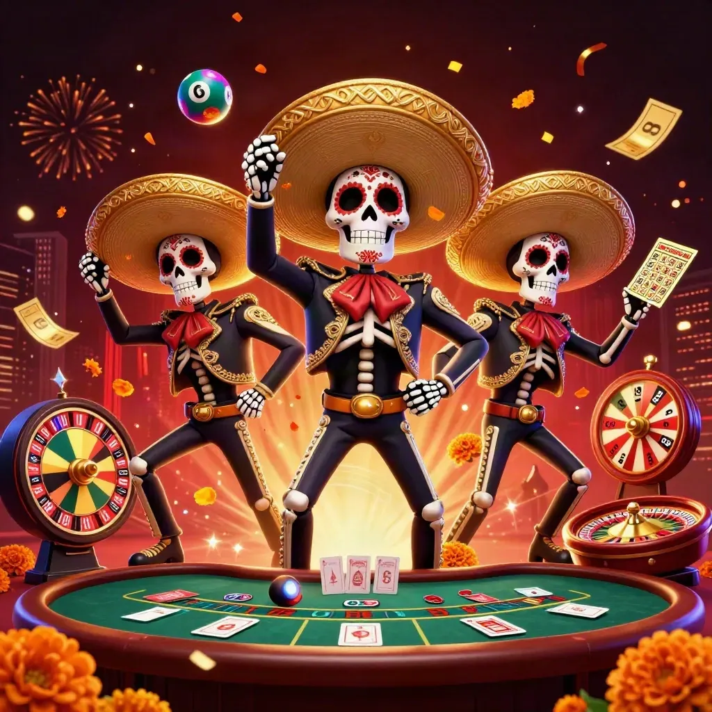 Skeleton mariachi trio amid gold coins, fireworks, roulette, bingo, and casino glow.