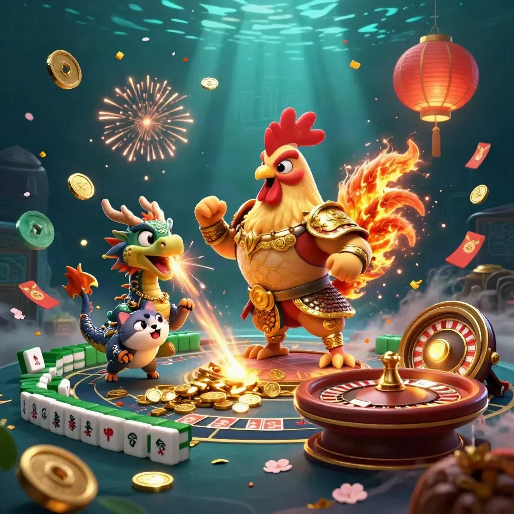 Rooster warrior, dragon hatchling and fortune-cat amid casino treasure, fireworks and gold coins.