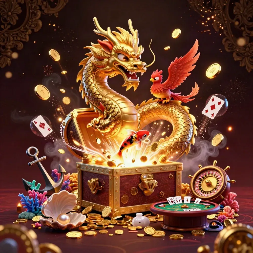 Golden dragon and phoenix amid exploding coins, roulette wheel, coral, and jewel-lit casino treasure.