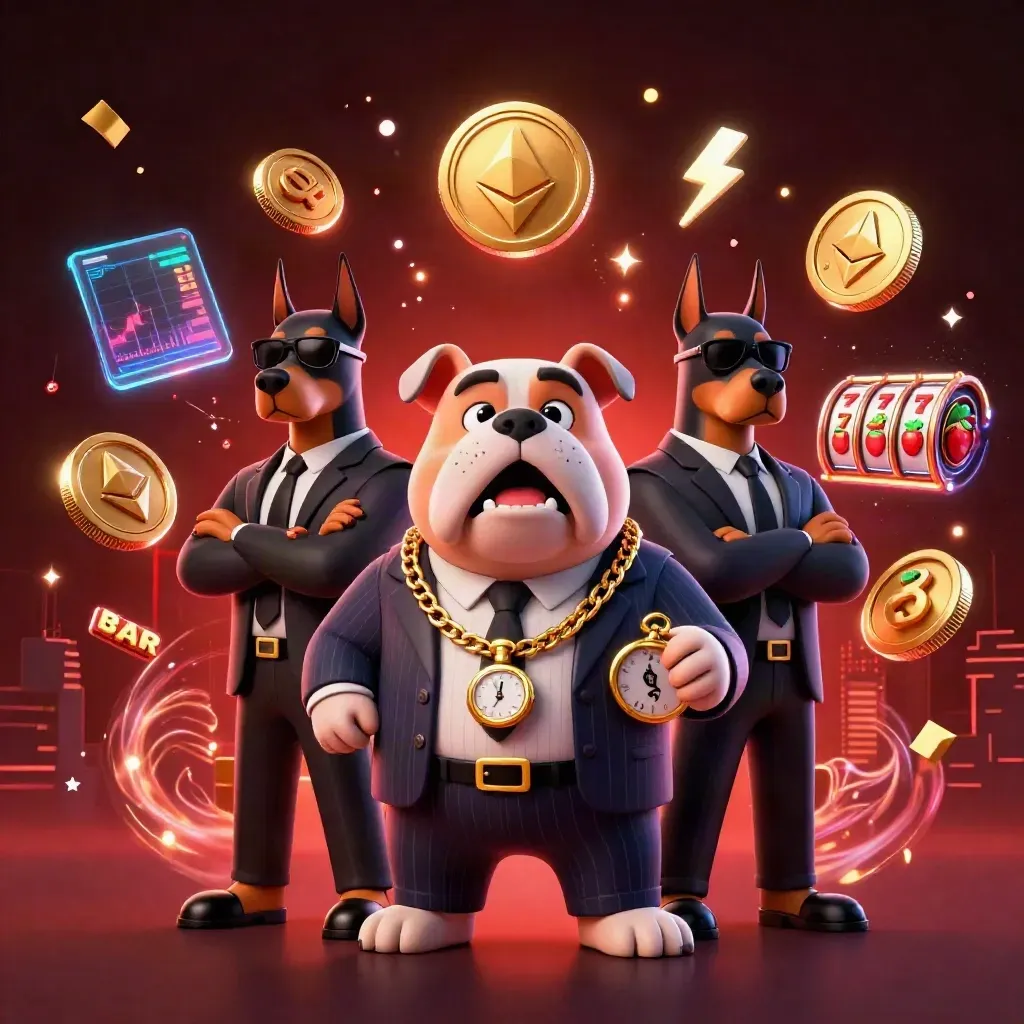 Bulldog mob boss with two Dobermans amid casino coins, reels, lightning and red-gold sparks