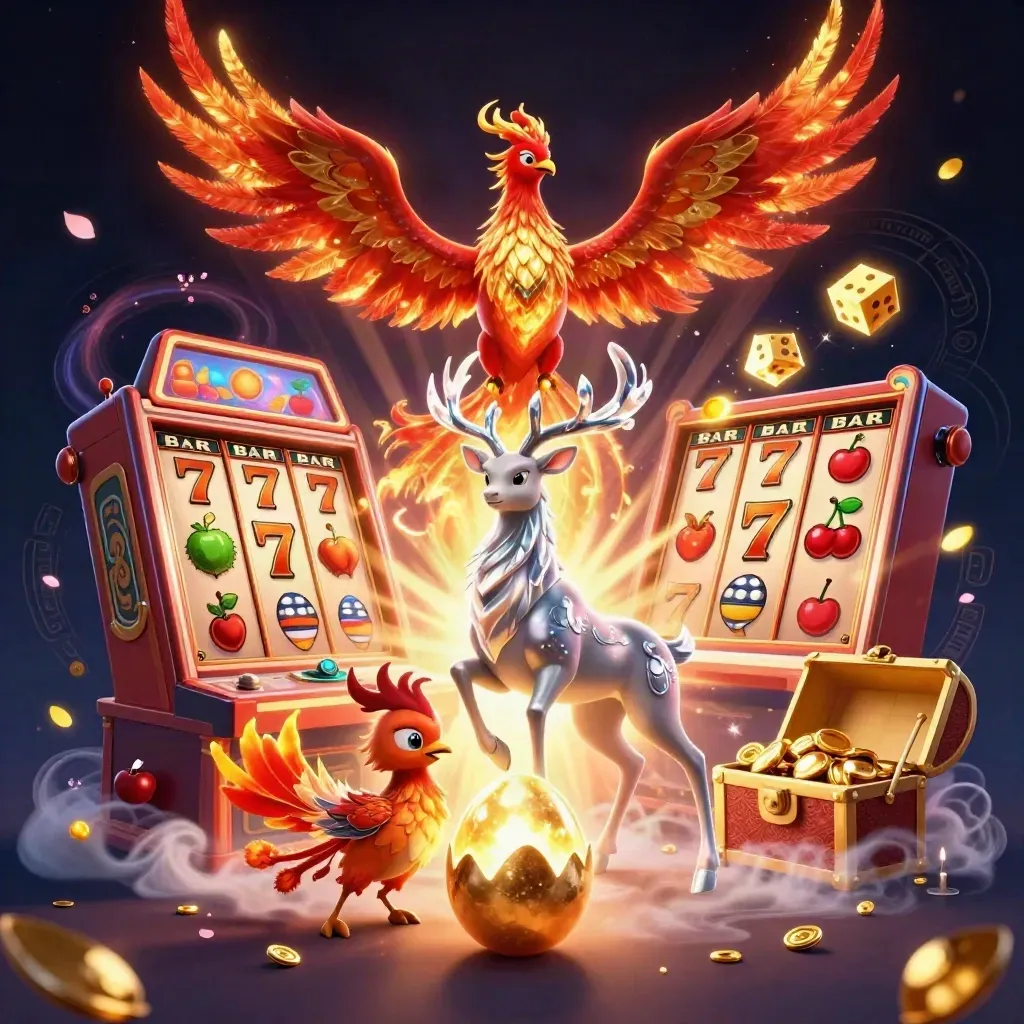 Phoenix, hatching chick, and crystal stag burst amid slots, gold, and magic.