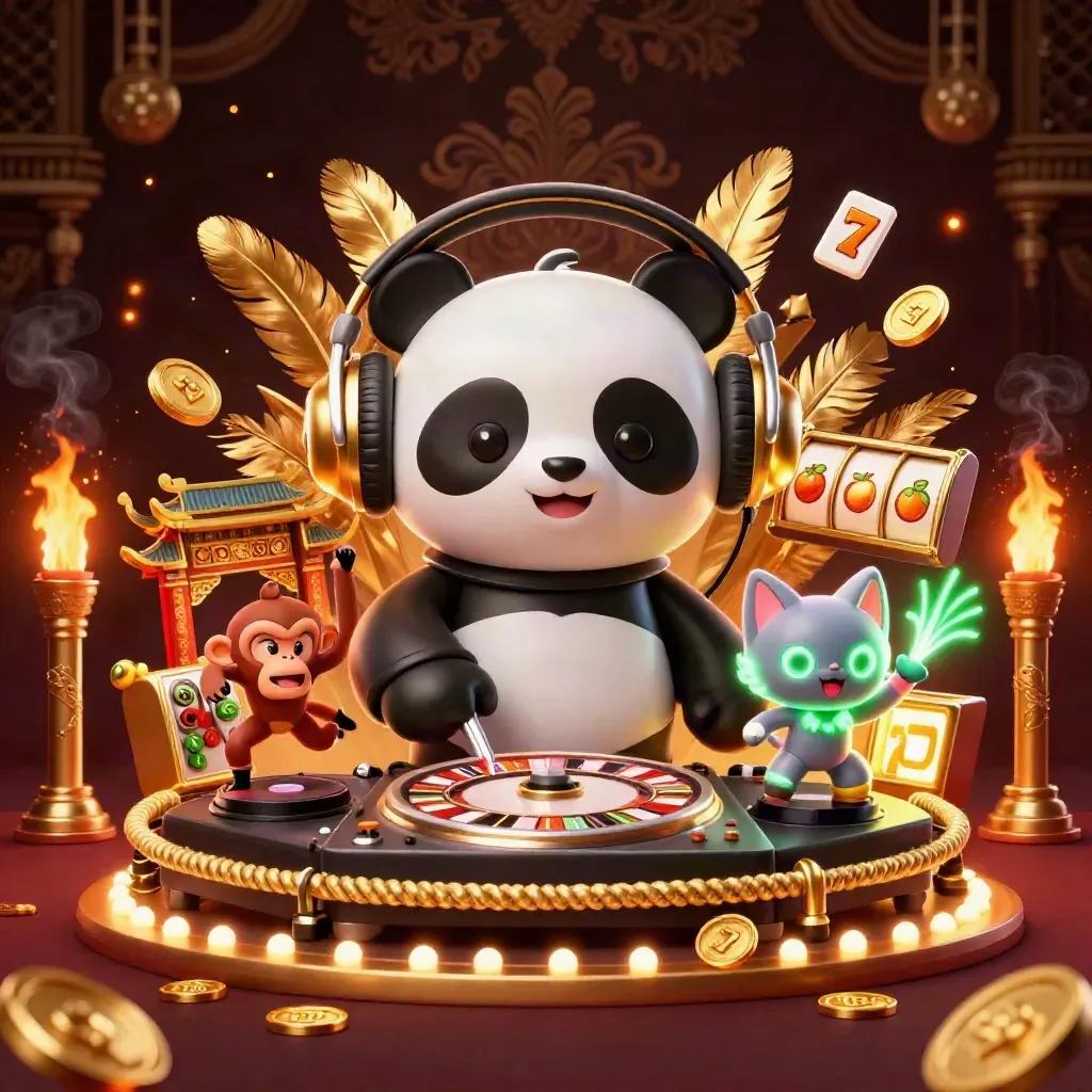 DJ panda, dancing monkey, and glow-stick kitten amid gold coins, fire, and a casino temple scene.