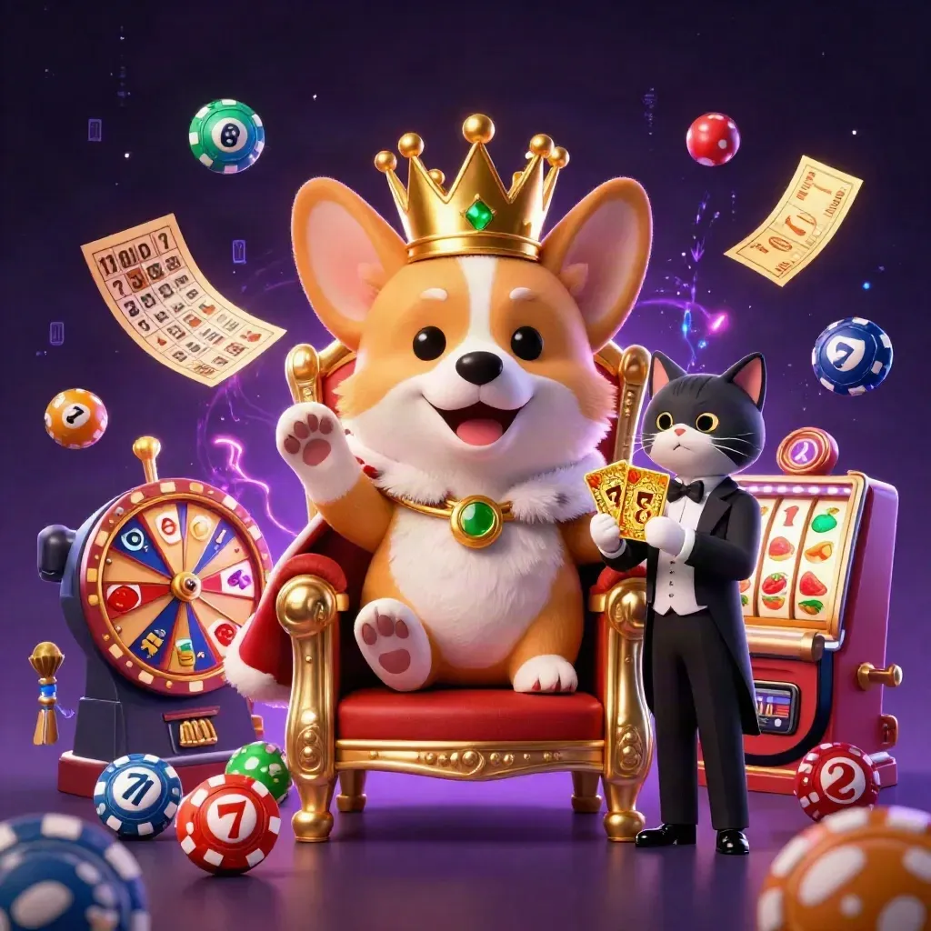 Royal corgi and cat butler amid casino chips, reels, balls, and neon magic