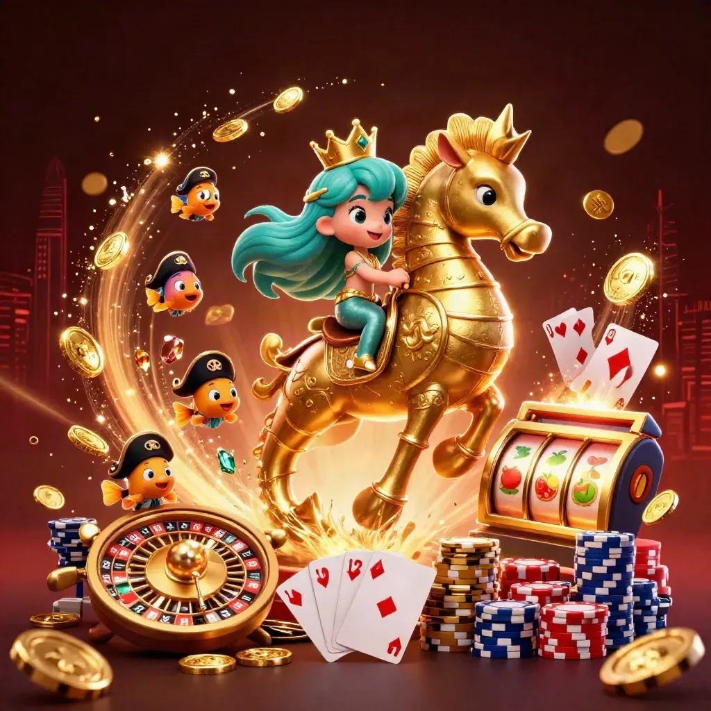 Mermaid princess rides a gold-armored seahorse amid coins, cards, chips, roulette, and pirate fish.