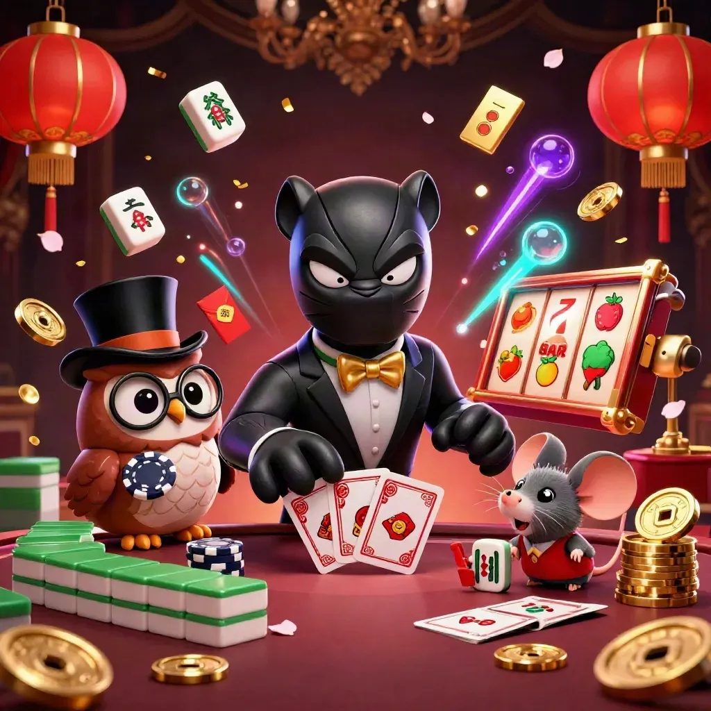 Panther dealer with owl and mouse amid casino icons, neon glow, and gold luxury.