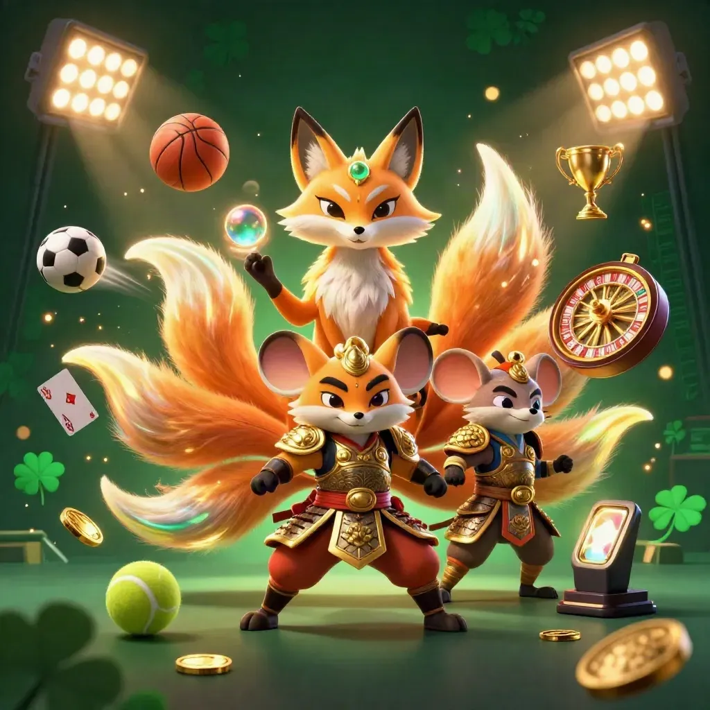 Neon fox spirit and armored mouse amid casino rewards, sports balls, coins, and golden effects.
