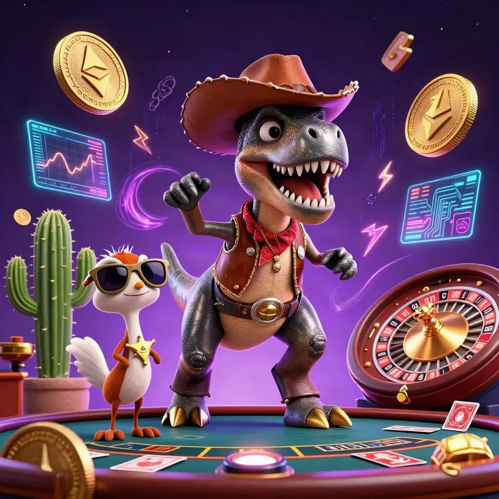 Cowboy T-Rex, cactus, and roadrunner amid casino coins, cards, and neon energy